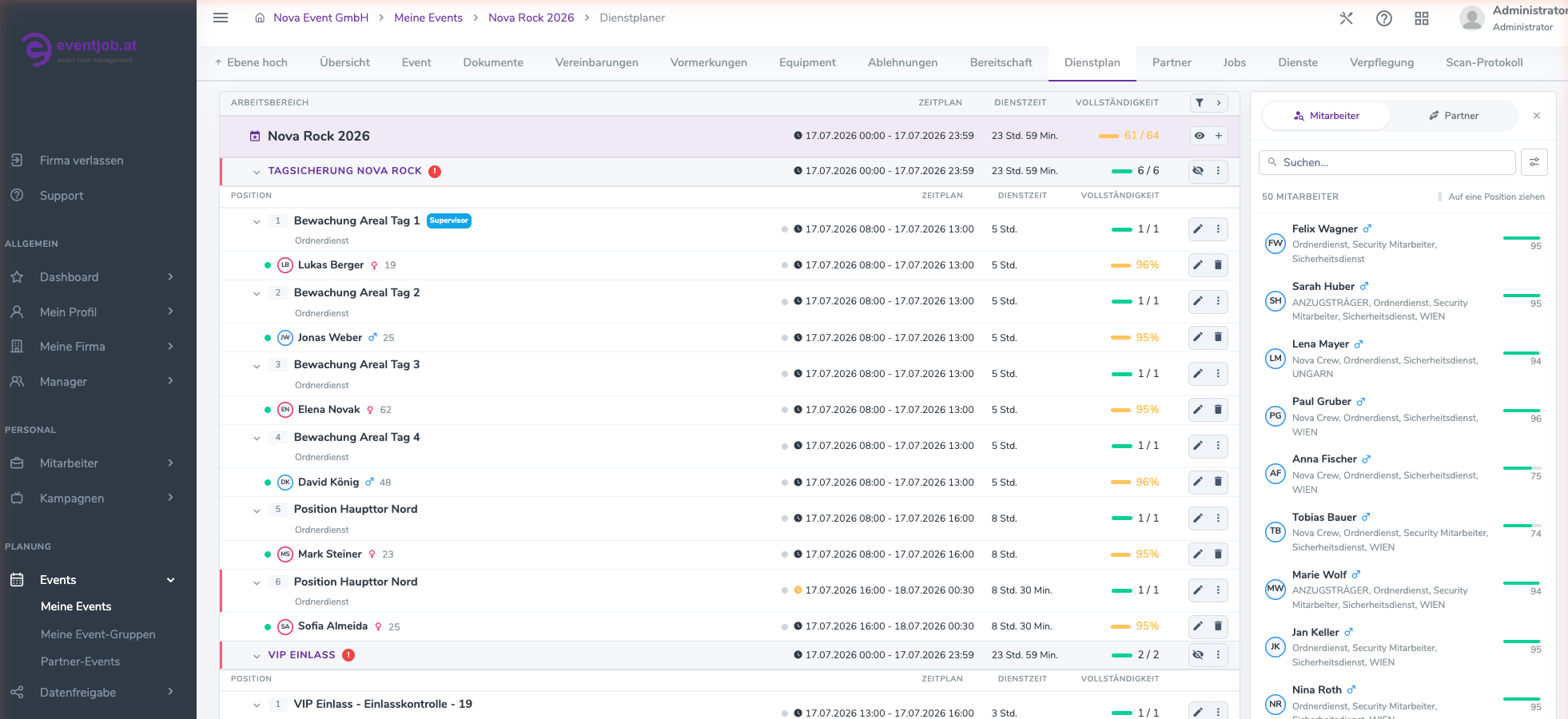 Event Job portal: roster with positions, live status and ELDA registrations